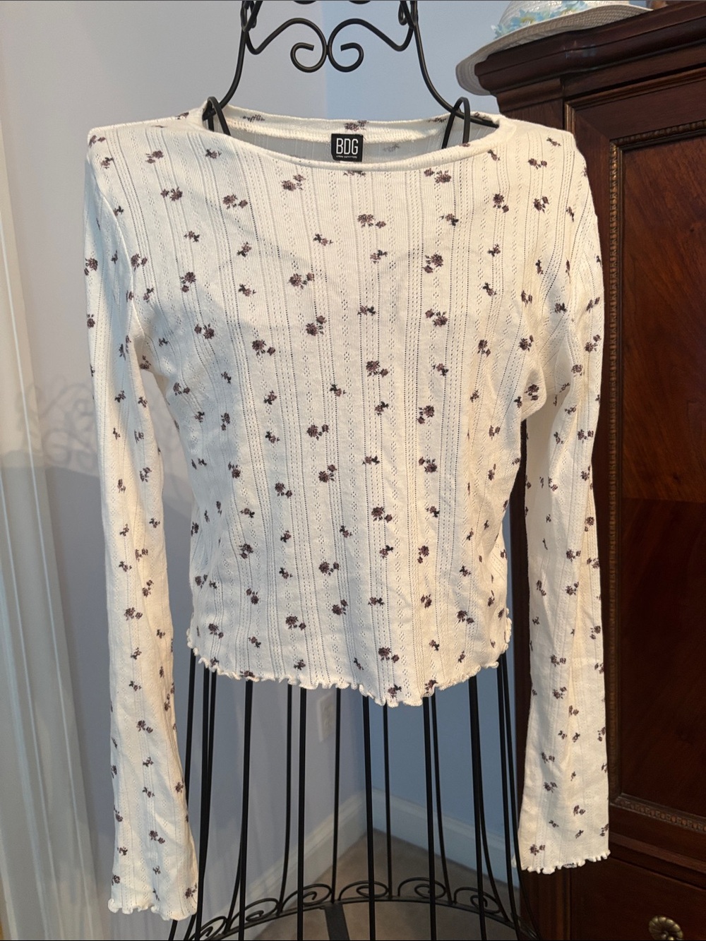 BDG Cream Ribbed Long-Sleeve Top with Tiny Floral Print